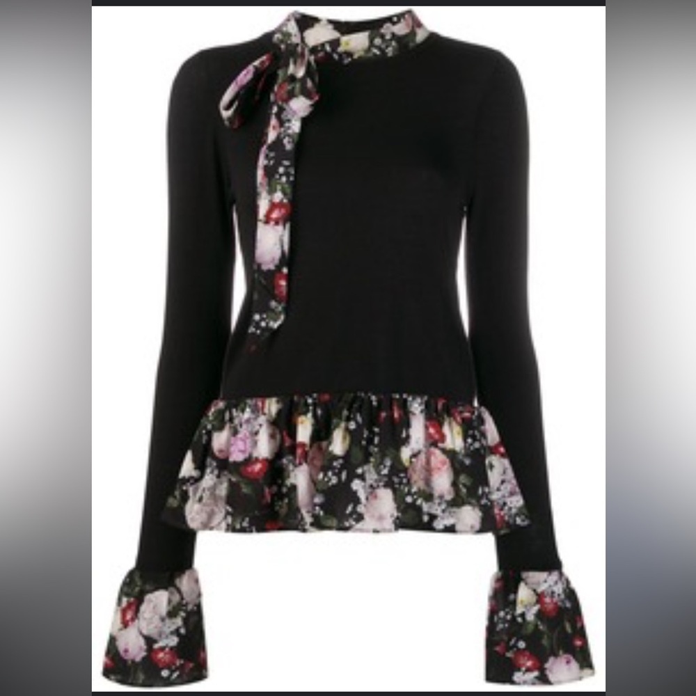 Erdem Silk Insert Knit Floral Blouse Sweater, size S